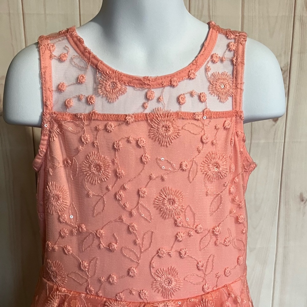 Size 6T Girls Orange Sleeveless Mesh Sequins Lacy Flowy Party Dress - Picture 4 of 16